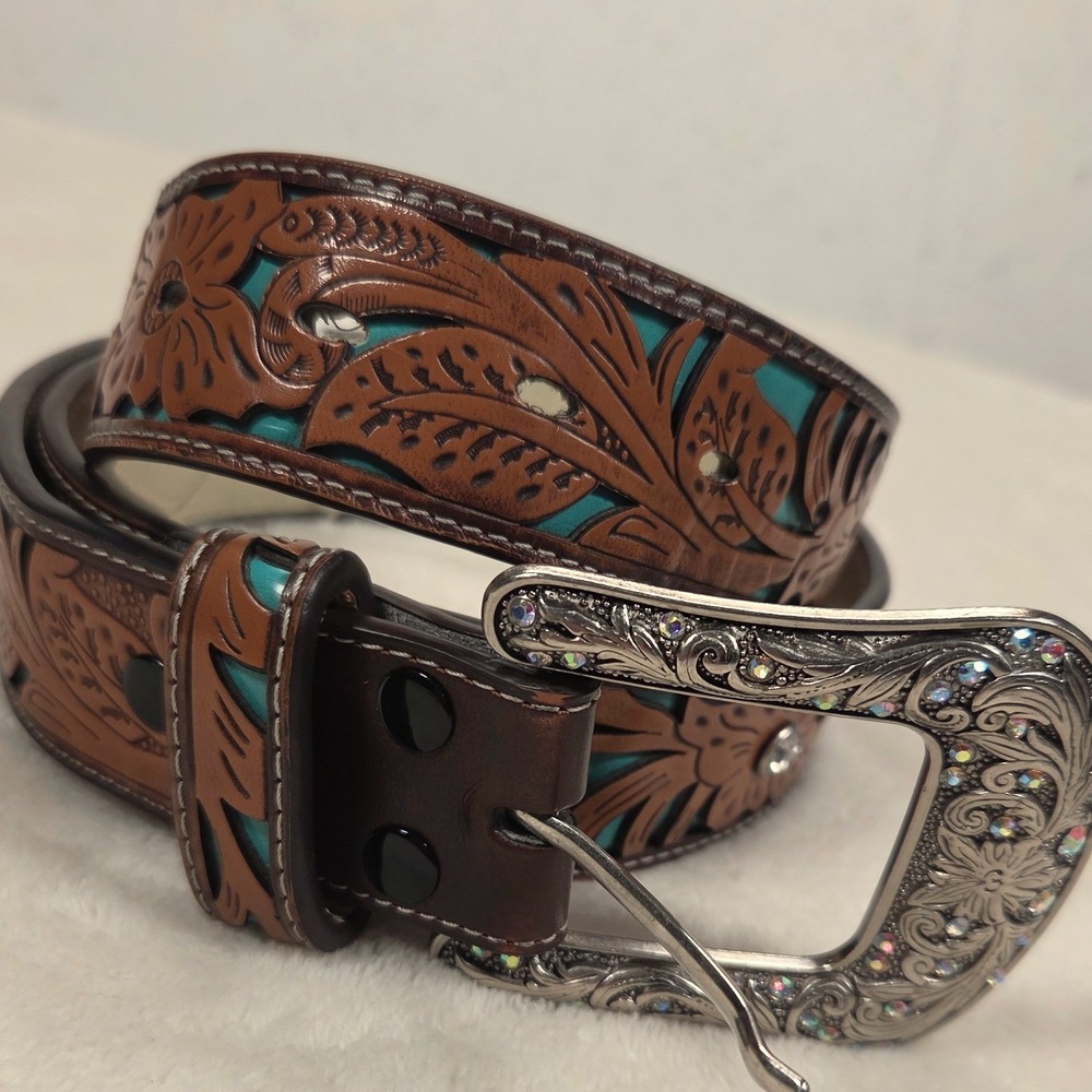 Ariat Turquoise Floral Tooled Belt Women M Brown Rhinestone Buckle Western Used